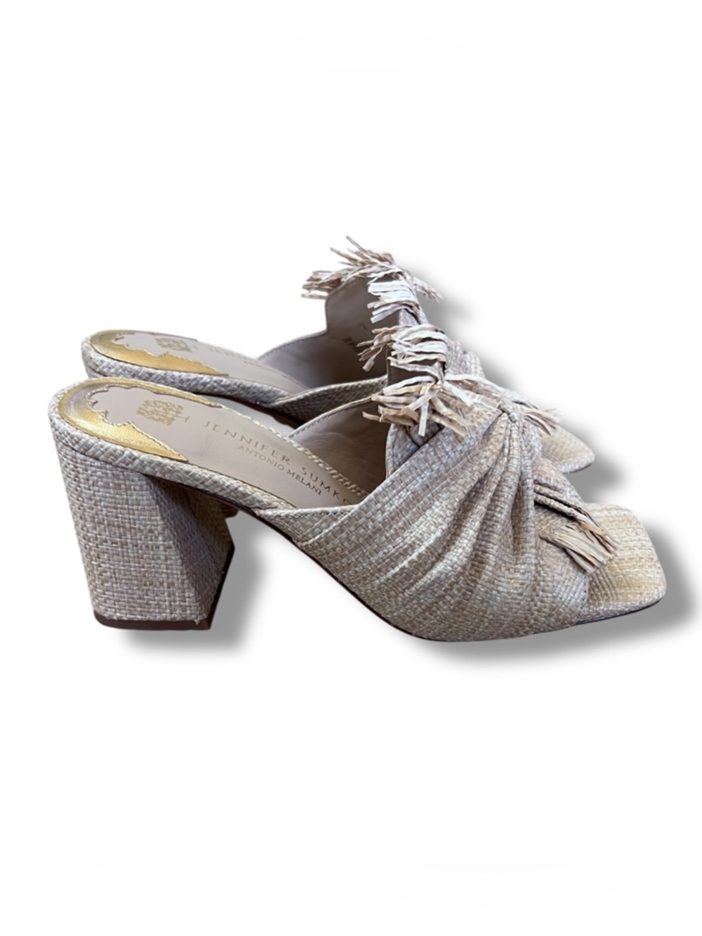 ANTONIO MELANI Natural Raffia Knot Fringe Mule Heels Size: 6M tan - Picture 5 of 8